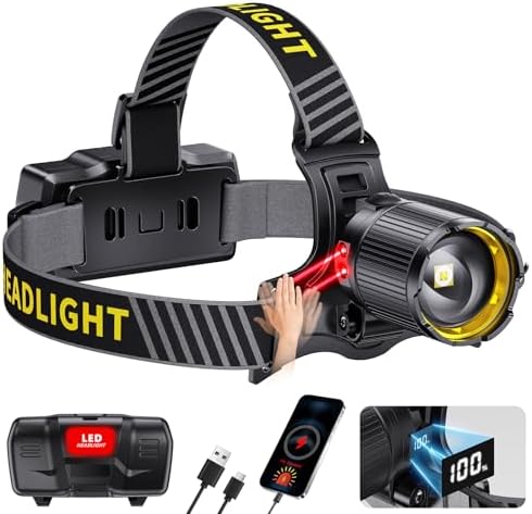 Led Headlamp Rechargeable, Super Bright HeadLamps 60H Long Battery Life with Sensor, Zoomable Head lamp with 12 Modes, IPX7 Waterproof, 120°Adjustable Headlight for Forehead, Working, Camping, Hiking