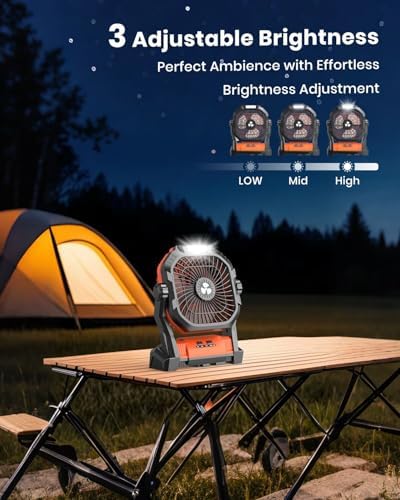 Camping Fan 27000mAh with LED Lantern - Cordless Portable Fan 8 inch USB C Battery Operated Rechargeable Powered Ventilador with Hanging Hook - 250° Rotating 4 Speed Personal Fans for Travel Camping