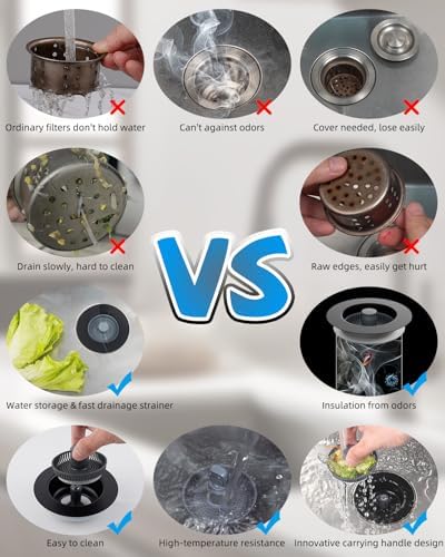 Hibbent 2 Pack 3 in 1 Kitchen Sink Drain Strainer and Stopper Combo, Stainless Steel Metal Pop Up Sink Stopper, Anti-Clogging Basket Strainer with Handle for US Standard 3-1/2 Inch Drain, Black