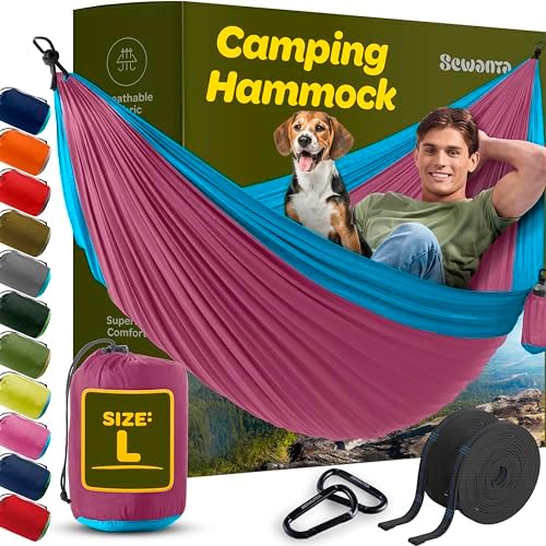 Durable Hammock 500 lb Capacity, Nylon Camping Hammock Chair - Double or Single Sizes w/Tree Straps and Attached Carry Bag - Portable for Travel/Backpacking/Beach/Backyard (Large, Fuchsia & Sky Blue)