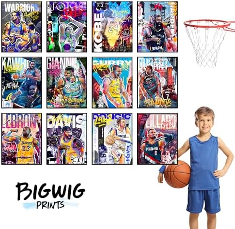 BigWig Prints Basketball Posters - Nba Posters, Basketball Room Decor, Nba Room Decor, Steph Curry, Kobe Bryant Wall Art, Kevin Durant, Lebron Wall Art, Warriors, Lakers - Unframed Set of 12 (8x10)