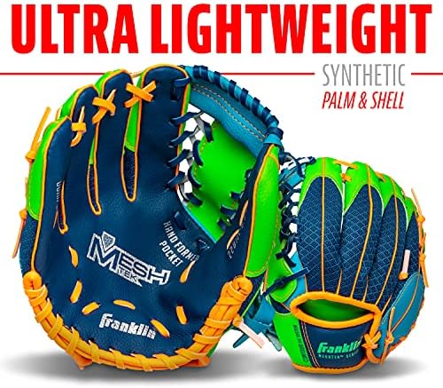 Franklin Sports Kids Baseball Glove + Ball Sets - Meshtek Youth Teeball Gloves for Kids + Toddlers - Left + Right Hand Throw Mitts + Glove Sets with Foam Balls - Boys + Girls Gloves - 9.5" Inch