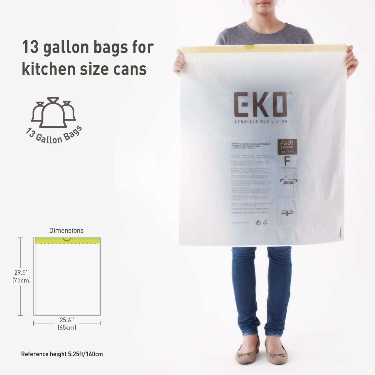 EKO 13 Gallon / 40-60 Liter Drawstring Trash Bags, Extra-Strong Unscented Garbage Bags, 60 Count Easy-Dispense Roll for Kitchen & Household Use, Leak-Resistant, Code F, White