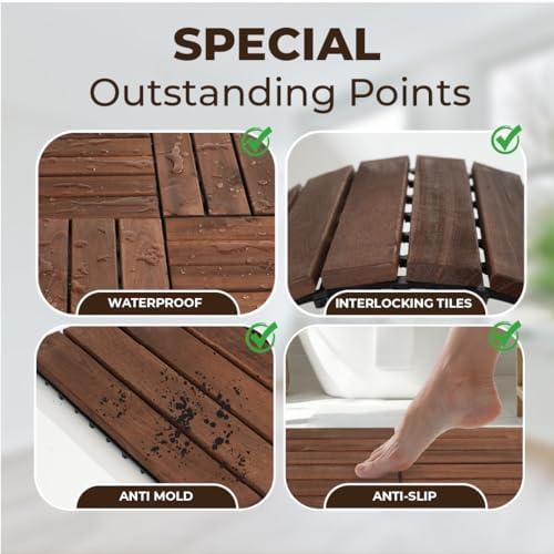 Pack of 10 Deck Tiles - 12"x12" Interlocking Natural Solid Acacia Wood for Outdoor & Indoor, Patio Garden, Balcony, Poolside - Brown Color