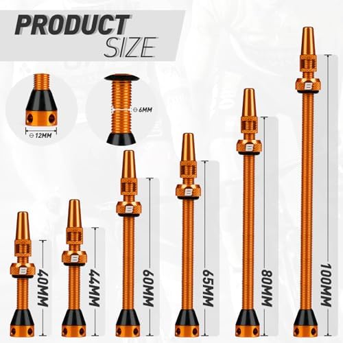 BWSHLF Tubeless Presta Valve Stem 40/44/55/60/65/80/100 mm, Super Light Alloy Presta Valve Stem Kit with Valve Core Remover Tool and Valve Stem Caps - Multiple Color and Size Options(Pair)