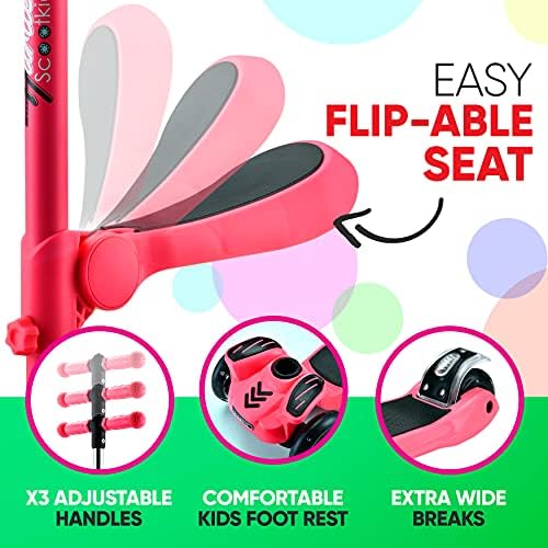 Hurtle 3-Wheeled Scooter for Kids - Wheel LED Lights, Adjustable Lean-to-Steer Handlebar, and Foldable Seat - Sit or Stand Ride with Brake for Boys and Girls Ages 1-14 Years Old