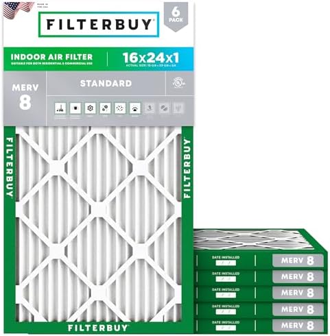 Filterbuy 16x24x1 Air Filter MERV 8 Dust Defense (6-Pack), Pleated HVAC AC Furnace Air Filters Replacement (Actual Size: 15.38 x 23.38 x 0.75 Inches)