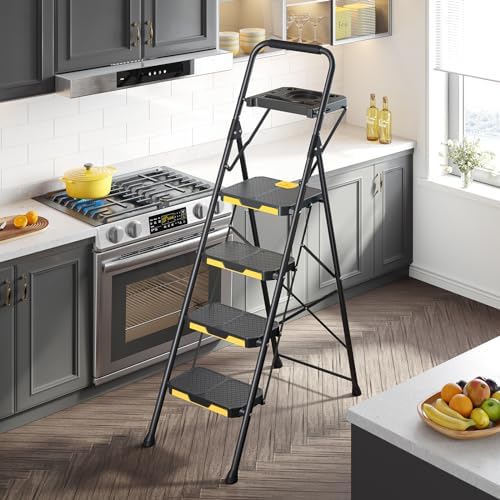 KINGRACK 4 Step Ladder with Tool Platform, Folding Step Stool with Wide Pedal, Safety Locking, Sturdy Steel Ladder Portable Safety Ladder for Painting Home Outdoor Garage