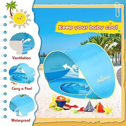 Monobeach Baby Beach Tent with Sand Toys Pop Up Portable Shade Pool UPF50+ UV Protection Sun Shelter for Infant with Easy Set Up Canopy (Blue with Sand Toys)