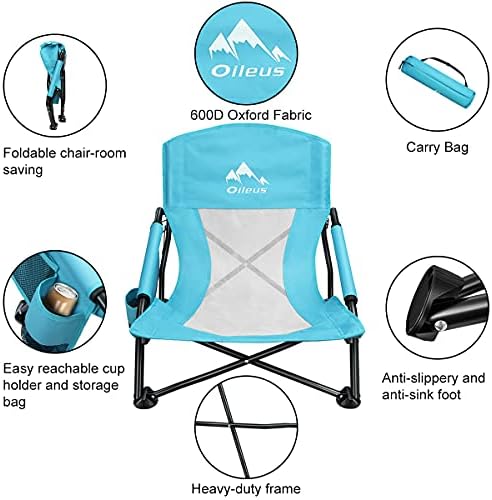Oileus Low Beach Chair for Beach Tent/Shelter/Camping/Outdoor Ultralight Backpacking Folding Recliner Chairs with Cup Holder/Storage Bag, Carry Bag, Breeze Mesh Back, Compact Duty 2 Pcs