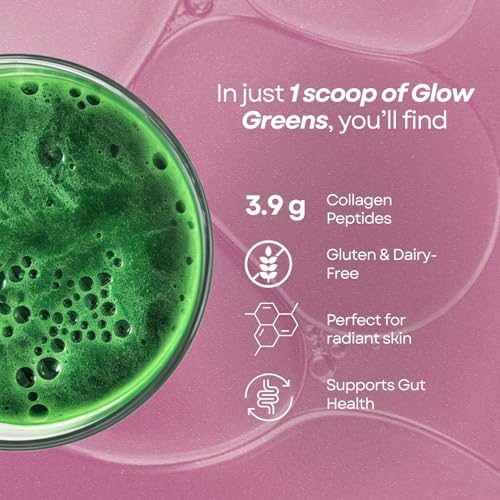 Glow Greens Powder, Collagen with Probiotics, Vitamins, Digestive Enzymes, Superfoods, Gut Health, Bloating Relief, Radiant Skin, Natural Glow, Spirulina, Juice Mix, 30 SVG, Mango