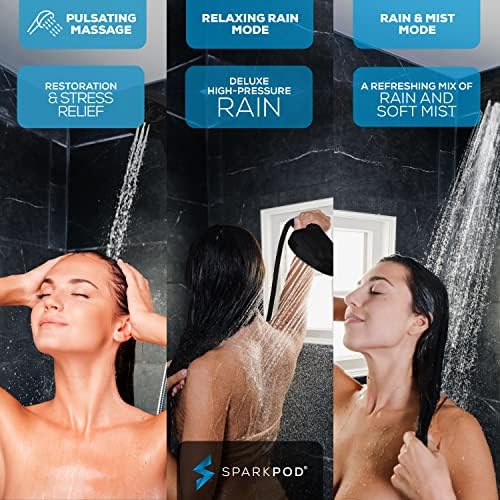 SparkPod 10-Mode Handheld Shower Head with Hose - 5" High Pressure Shower Head Set with Touch-to-Clean Nozzles, Built-In Power Jet, Stainless Steel 6ft Hose & Bracket (Midnight Black Matte)