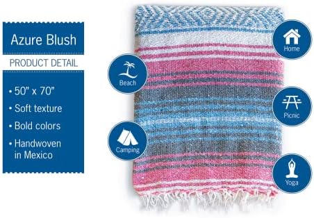 Benevolence LA Authentic Handwoven Mexican Blanket | Yoga Blankets, Outdoor, Picnic, Beach, Camping | Equestrian Saddle | Serape 50x70 inches - Azure, Pack of 1