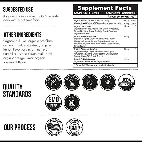 Organic Plant D3 + K2 | 5000 iu D3 + 120 mcg K2 as All-Trans MK7 from MenaQ7® - 100% Whole Food, Raw & Vegan | Enhanced Digestion with Prebiotic & Superfood Complex – D3 from Organic Algae (60 Count)