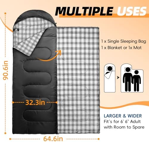 MEREZA Flannel Sleeping Bag for Adults XL, Large Wide Sleeping Bags for Camping Mens Warm Cotton Sleeping Bag 4 Season Warm & Cool Weather
