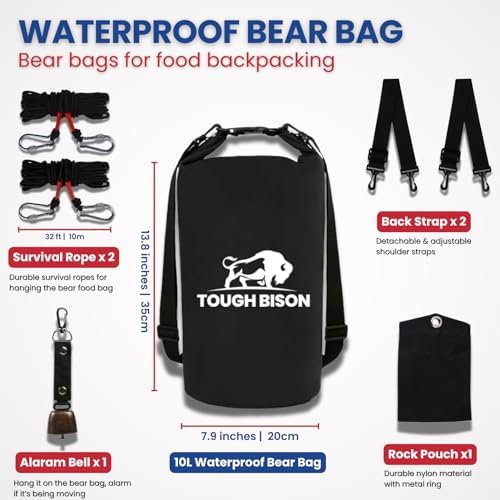 Bear Bag Hanging Kit - 10L Waterproof Bear Proof Food Storage Bag, 2 Straps, Rock Sack & 2 Ropes with 4 Safety Clips for Hiking, Kayaking, Camping, Outdoor Adventures