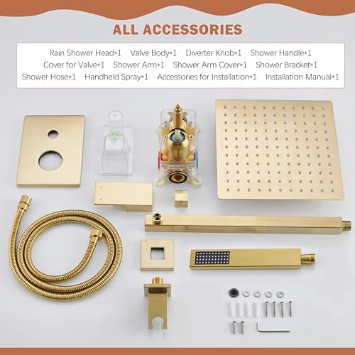 Shower System, Gold Shower Faucet Set with 12-Inch Rain Showerhead and Handheld Spray, Wall Mounted High-Pressure Showerhead Combo Set Included Valve and Trim, Brushed Gold