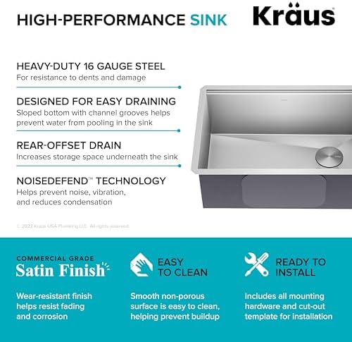 KRAUS Kore Workstation 27-inch Undermount 16 Gauge Stainless Steel Kitchen Sink, Single Bowl Kitchen Sink with Accessories, KWU110-27