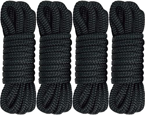 Boat Dock Lines 1/2" x 15' Double Braided Nylon Dock Line, Marine-Grade Dock Lines for Boats Pre-Spliced with a 12" Loop Boat Lines Dock Rope, Premium Marine Rope - Black, 4 Pack
