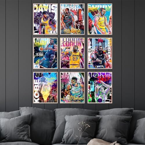 Bigwig Prints Basketball Posters for Boys Bedroom - Basketball Room Decor, Nba Posters, Steph Curry, Kobe Bryant Wall Art, Kevin Durant, Lebron James, Sports Art For Bedroom - Unframed Set of 9 (8x10)