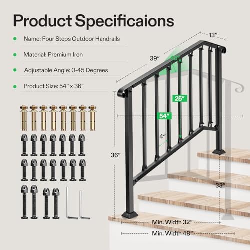 VIVOSUN Outdoor Handrail, 4 Step Stair Handrail, 54" x 36" Fits 1 to 4 Steps, Wrought Mattle Iron Stair Railing with Curved End and Balusters for Concrete Step, Porch Steps, One-Step Assembly, Black