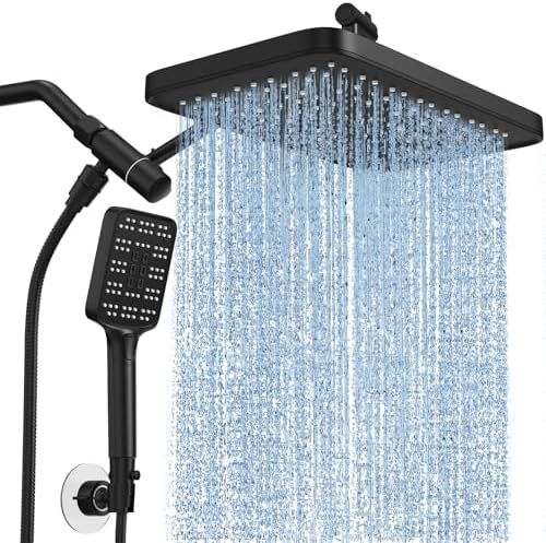 High Pressure Rain Shower Head with Handheld Spray Combo Set, Adjustable 12" Rainfall Dual Shower Head, Double&Tandem Shower Head, Waterfall Showerhead Bathroom -Matte Black
