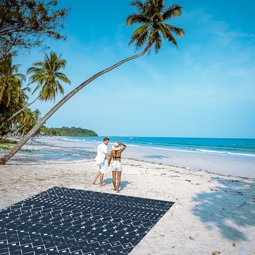 Beach Blanket Waterproof Sandproof, Large Beach Picnic Blankets Foldable Sand Free, Beach Mat Windproof w/Stakes and Corner Pocket for Outdoor, Travel, Camping, Hiking, Beach Essentials-Navy Geometry