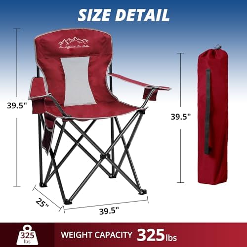 Mesh Folding Camping Chairs, Oversized Portable Outdoor Chairs, Weight Capacity 325 lbs with Cup Holder, Storage Pocket, Carry Bag Red