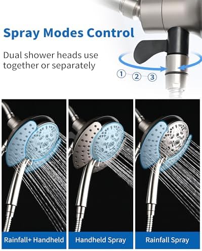 Shower Heads with Handheld Spray Combo: 7.2" Rainfall Shower Head & Handheld Shower Head 2-IN-1 Shower Head with 60" Rotatable Stainless Steel Hose Nickel, Shower Trim Systems