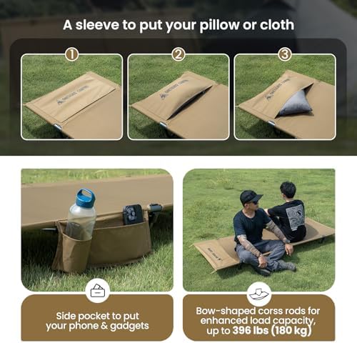 OneTigris SUPRAGRIS Camping Cot, Support Up to 400lbs, Lightweight Comfortable Folding Bed for Camping, Hiking, Backpacking, Travel, Car Trips, Office Nap