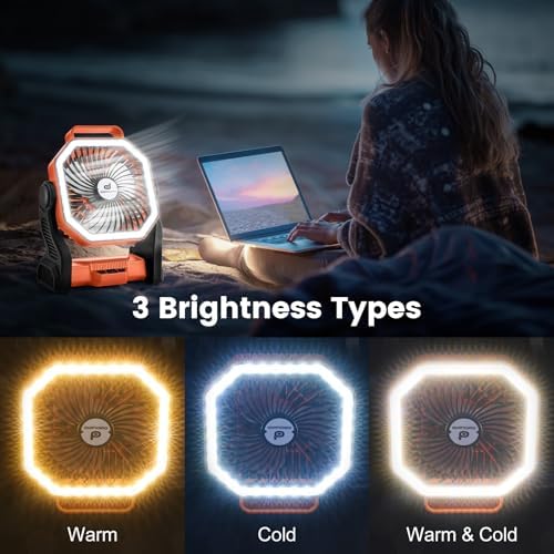 Odoland Camping Fan with LED Lantern, 20000mAh Rechargeable Battery Operated Fan, Portable Outdoor Light with Rotation Hook for Picnic Power Outage Hurricane Emergency Home Patio, Orange