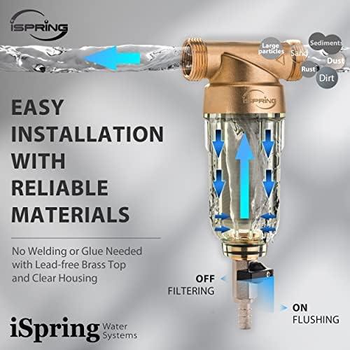 iSpring WSP-100 Reusable Whole House Spin Down Sediment Water Filter, 100 Micron Flushable Prefilter Filtration, 1" MNPT + 3/4" FNPT, Brass