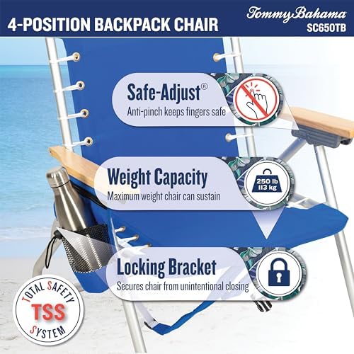 Tommy Bahama Hi-Boy 17" Seat Height 4-Position Lace-Up Suspension Folding Backpack Beach Chair, 2-Pack, Logo Stripe