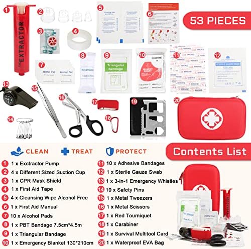 Snake Bite Kit, Bee Sting Kit, Emergency First Aid Supplies, Venom Extractor Suction Pump, Bite and Sting First Aid for Hiking, Backpacking and Camping. Includes Bonus CPR face Shield (Red)