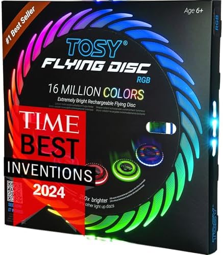 TOSY Flying Disc - 16 Million Colors RGB or 36 LEDs, Extremely Bright, Smart Modes, Camping Essentials for Teens/Kids/Adults/Men/Boys/Girls, Auto Light Up, Patented, Rechargeable, Waterproof, 175g