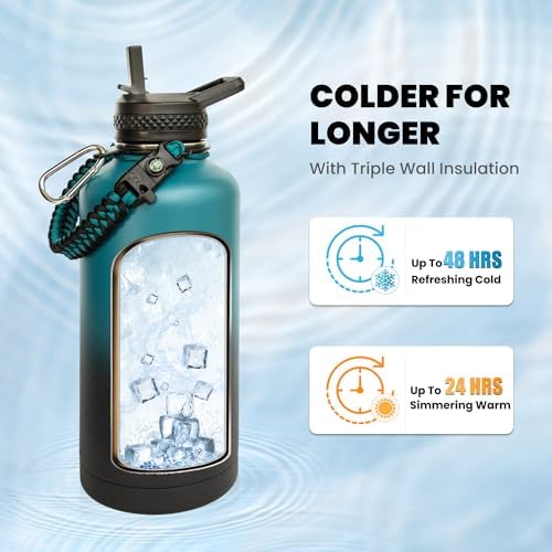 Insulated Water Bottle 87 oz, Triple Wall Vacuum Stainless Steel (Cold for 48 Hrs), Leak Proof & Non-BPA, Modern Water Flask Jug with Paracord Handle & Straw Spout Lids, Indigo/Black