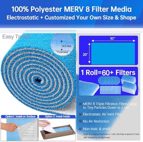 Air Vent Filters,20''x90''Cut to Fit Air Filter Material (80+Filters),MERV 8 Electrostatic Air Vent Filter for Home Floor, Grilles, Ceiling, HVAC Furnace Vents, With 48PCs Adhesive Hook Tape