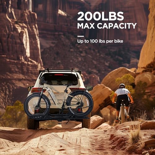 E-Bike Rack with Ramp, Hitch 2 Bike Rack, 200 lbs Capacity Electric Bike Carrier, Foldable Platform Mount for Cars, Trucks, SUVs, Minivans, Up to 5-Inch Fat Tire for 2'' Receiver
