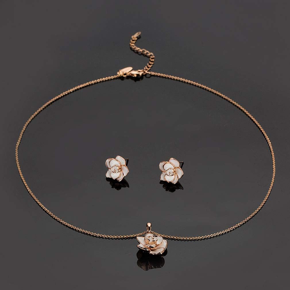 EVEVIC Rose Flower Necklace and Stud Earrings Set for Women,18K Gold Plated