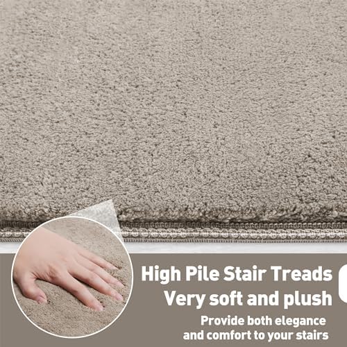 PURE ERA Carpet Stair Treads Ultra Plush 9.5" X 30"Soft Bullnose Indoor Stair Protectors Pet-Friendly Non-Slip Skid Resistant Tape Free Washable Reusable(14 Pieces, Cream Gray)