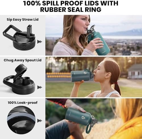 Insulated Water Bottle 64 oz, Triple Wall Vacuum Stainless Steel (Cold for 48 Hrs), Leak Proof & Non-BPA, Half Gallon Water Flask Jug with Paracord Handle & Straw Spout Lids, Dark Green