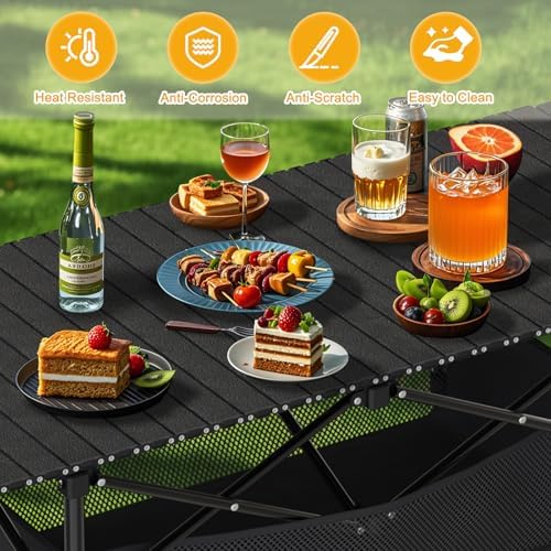 Height Adjustable Camping Table, Outdoor Folding Camping Table with Mesh Storage/Carrying Bag, Portable Aluminum Roll-up Table for Camping, Party, Backyard, BBQ