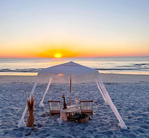 AMMSUN Beach Cabana with Fringe, 6'×6' Boho Beach Canopy with Tassels, Easy Set up & Premium Wood Pole, Cabana Tent with Sand Pockets, Instant Sun Shade for Sand, Garden, Patio, Elegant White