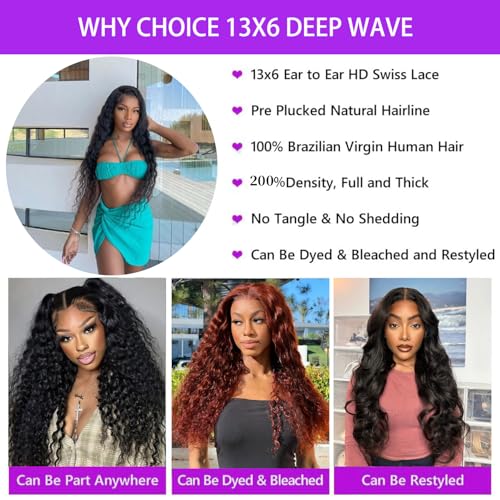 30 Inch Deep Wave Lace Front Wigs Human Hair 200% Density 13x6 HD Transparent Lace Front Wigs Pre Plucked Deep Curly Human Hair Wigs for Women Deep Wave Frontal Wig with Baby Hair Natural Color