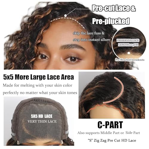 5×5 Closure Bob Wig Human Hair Glueless Wigs Human Hair Pre Plucked Pre Cut Short Curly Human Hair Wig Water Wave C Part Balayage Ombre Lace Frontal Human Hair Wigs for Black Women P1B/30 12 Inch