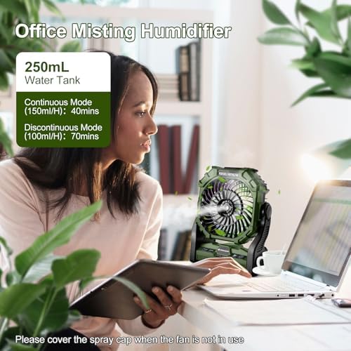 Odoland Portable Camping Misting Fan with LED Light, 20000mAh Battery Operated Rechargeable Mister Fan with 250mL Water Tank, Hook, Outdoor Tent Cooling Fans for Patios Beach Travel Home Summer, Green