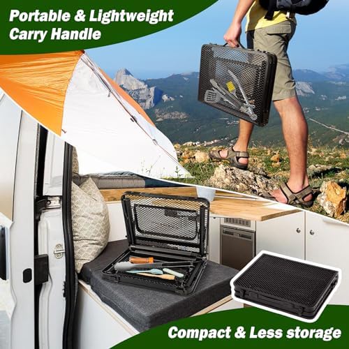 Grill Table Camping Table with 2 Wing Panels, Mesh Metal Folding Grill Table Height Adjustable & Lightweight & Portable Table for Outdoor Indoor Picnic, Camping, Beach and BBQ, RV