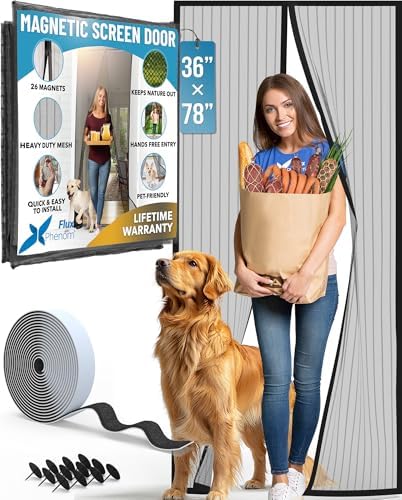 FLUX Magnetic Screen Door - Self-Closing, Pet-Friendly, Durable Polyester Mesh Screen Door with Powerful Magnetic Attachments, Keeps Bugs Out, Fits Sliding Doors and Standard Doors up to 36" x 78"