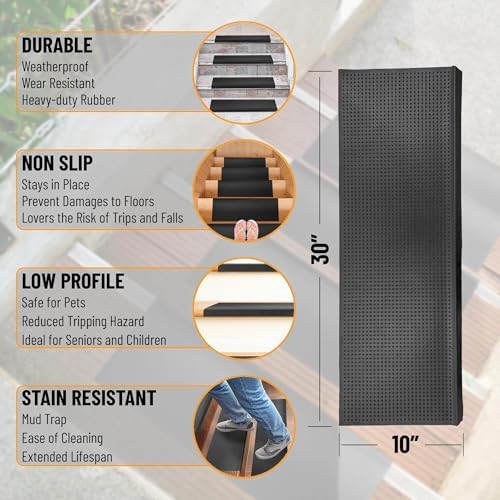 Indoor/Outdoor Hose-Wash Fingertip Nibs Design Non-Slip Rubber 10" x 30" Modern Stair Treads for Stairs, Garage, Patio, 5 Pack, Black Nib