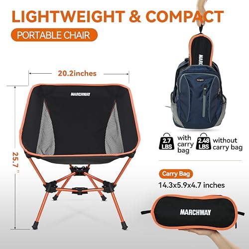 MARCHWAY Lightweight Folding Camping Chair, Stable Portable Compact for Outdoor Camp, Travel, Beach, Picnic, Festival, Hiking, Backpacking, Supports 330Lbs (Orange)
